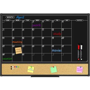 JILoffice Magnetic Black Calendar Dry Erase Board & Bulletin Board Combo, 36 x 24 Inch Dry Erase Board for Liquid Chalk Markers, Black Aluminum Frame for Office Home and School with 10 Push Pins