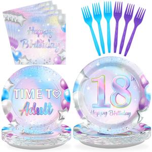 Grencian 96Pcs 18th Birthday Decorations Iridescent 18th Birthday Party Plates Disposable Happy 18 Bir-thday Paper Tableware Set for Teen Girls 18 Years Old Party Supplies Serves 24