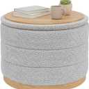 B FSOBEIIALEO Round Storage Ottoman with Tray, Folding Ottoman with Storage Coffee Table Foot Rest for Dorm Room Living Room Chenille Fabric,Wood-Grain Leather Base,Sliver Grey,22.83"x22.83"x17.34"