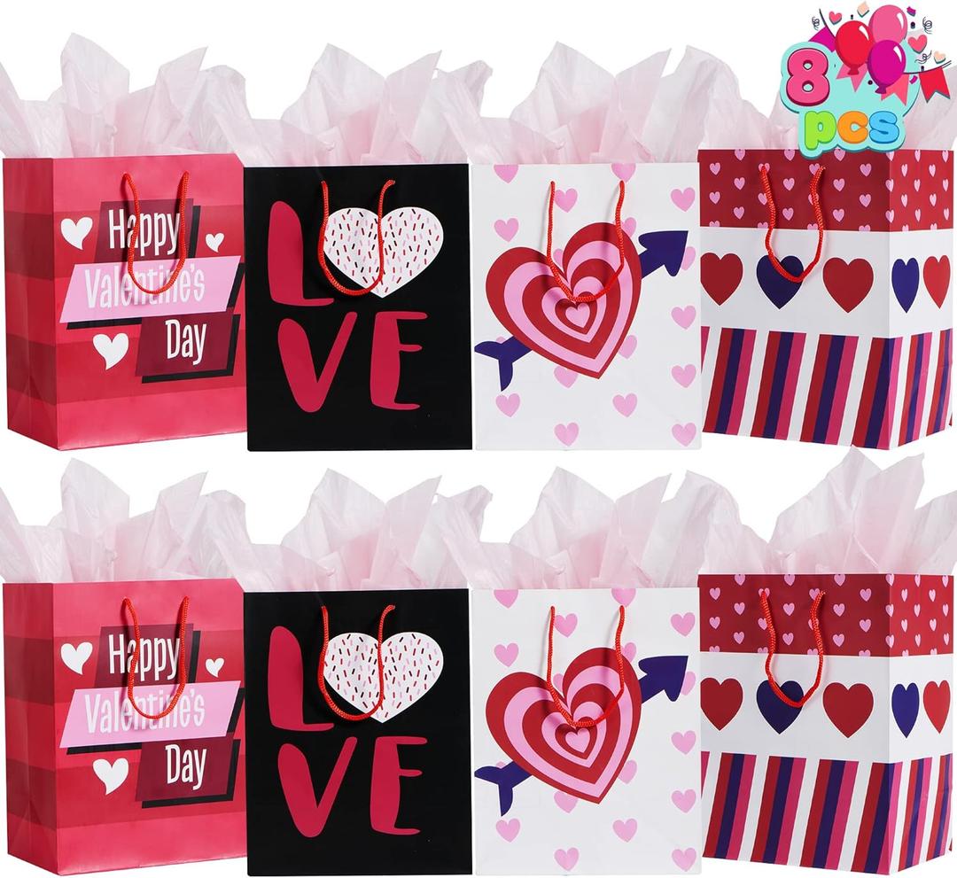 JOYIN 8 Pcs Valentines Day Paper Gift Bags,9.76" Gift Treat Bags with Filling Paper in 4 Designs, Candy Bag,Paper Wrapping Kraft Bags with Colorful Heart shaped Design for Kids Party Valentine Party Favors