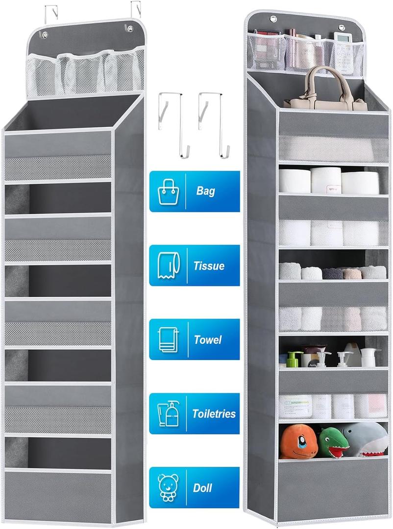 Over the Door Organizers Storage - 6 Shelf Hanging Storage shelves Door Organizer with Pockets, Anti Tilt 44 lb Load Behind Door Organizer for Bedroom,Nursery,Bathroom,Kitchen,Dorm,Shoe - 1 Pack,Grey