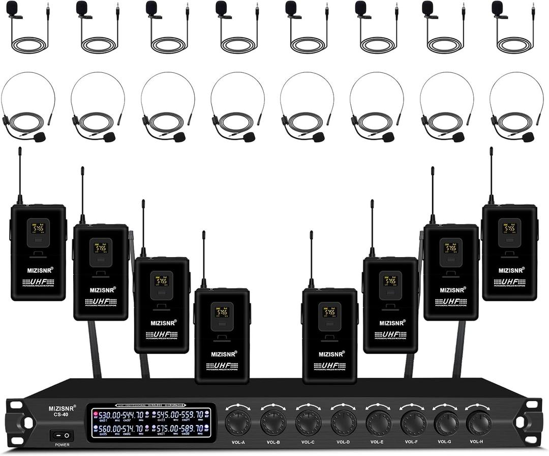 8 Channel UHF Wireless Lapel Microphone System with Headset & Lavalier Mics