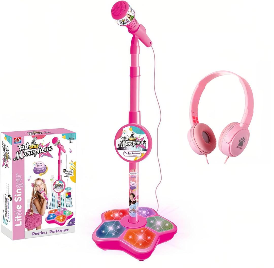 Kids Karaoke Microphone with Adjustable Stand,Standing Mic for Portable Singing, Retractable Headset for Music Sing-along,Flashing Stage Light Base for Aged 3-6 Boys Girls Pink