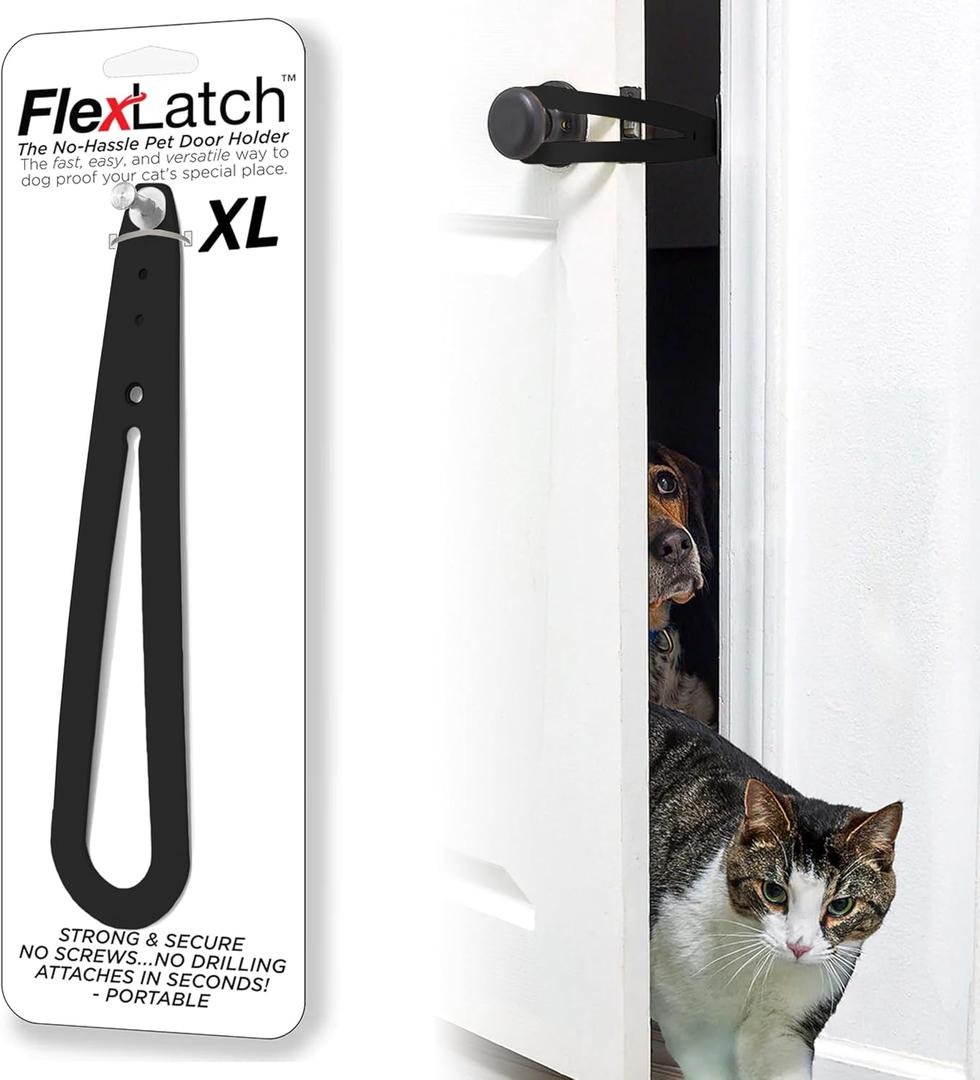 FlexLatch Cat Door Holder Latch - Black Cat Door Alternative Installs Fast Flex Latch Strap Let's Cats in and Keeps Dogs Out of Litter & Food. Safe Baby Proof One Piece No Measuring Extra Easy X-Large