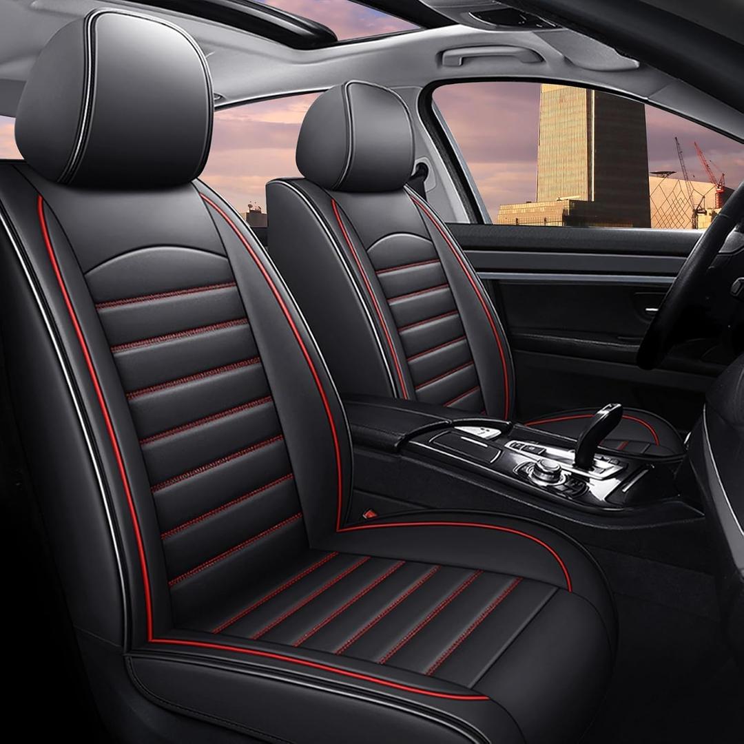 Priprilod Car Seat Covers Full Set,Universal Fit for Most Cars,SUV,Sedans and Pick-up Trucks,Automotive Vehicle Faux Leather Cushion Covers for 5 Passenger Cars | Black Leather with red Stitching