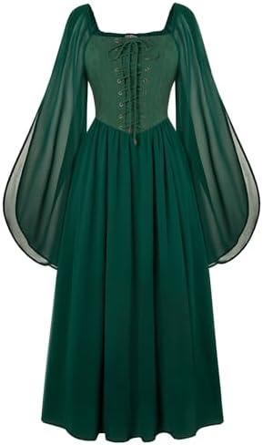 Scarlet Darkness Renaissance Costume Women Pirate Dresses Split Bell Sleeve Medieval Ren Faire Dress with Pockets L