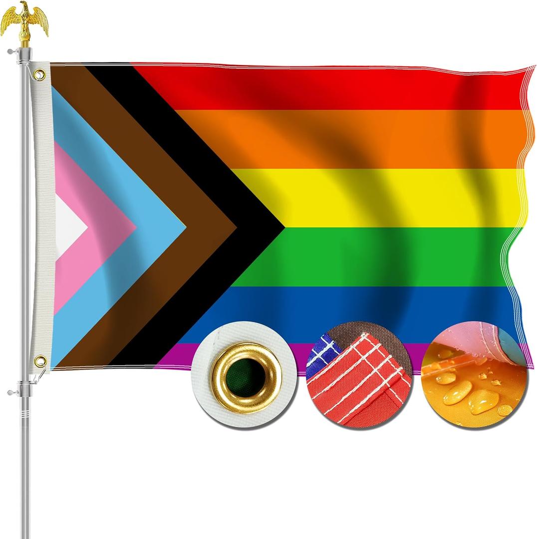 Progress Pride Flag 3x5 Outdoor, Heavy Duty Polyester Rainbow Flag with Brass Grommets, Sewn Stripes
