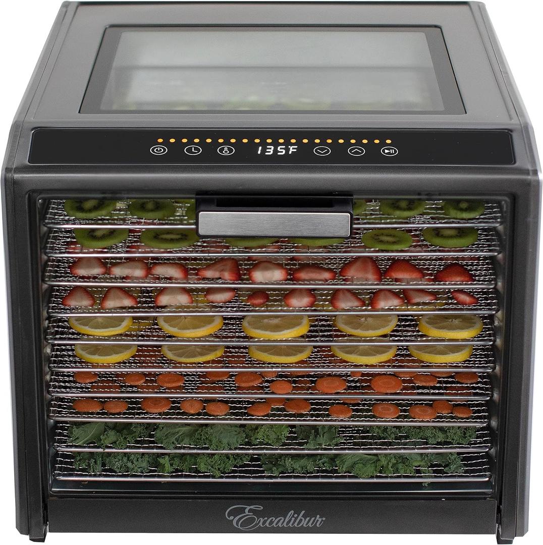 Excalibur Electric Food Dehydrator Performance Series 10-Tray with Adjustable Temperature Control Includes Stainless Steel Drying Trays Glass Door Top View Window and LED Display Progress Bar, Black