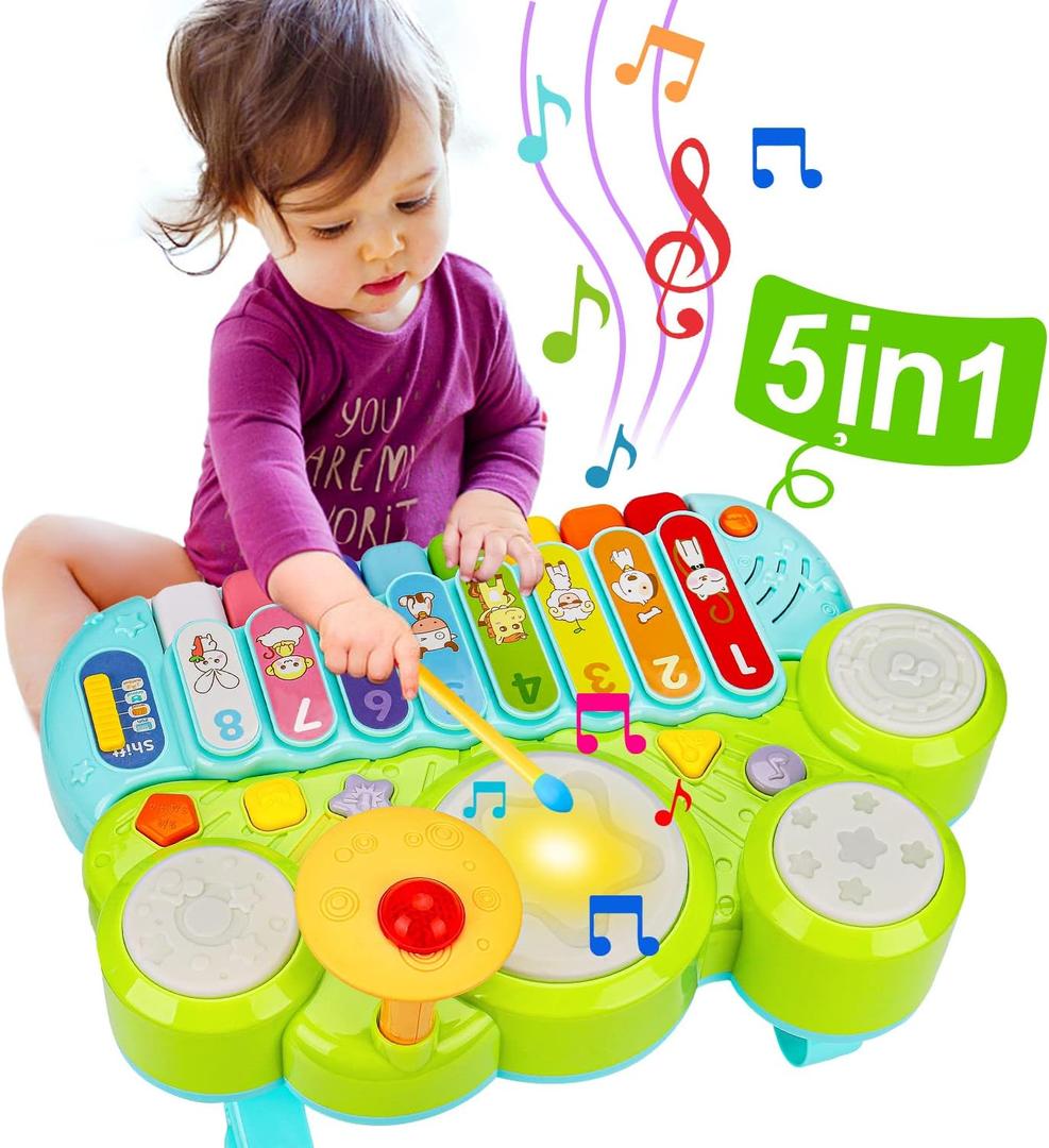 Baby Musical Toys 3 in 1 Piano Keyboard Xylophone Drum Set for 1 Year Old Girls Boys Toys Age 2 Music Instrument Learning Toys Toddlers 1-3 0-2 First Birthday Gift Infant Baby Toys 6 9 12 18 Month (Green)