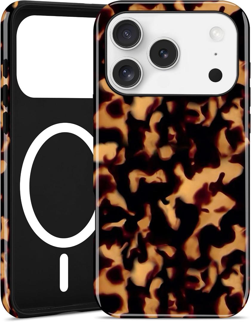 Magnetic Tortoise Shell Phone Case for iPhone 15, Compatible with MagSafe, Cute Brown Aesthetic Leopard Print Soft TPU and Hard PC Shockproof Protective Phone Cover for Women Girls