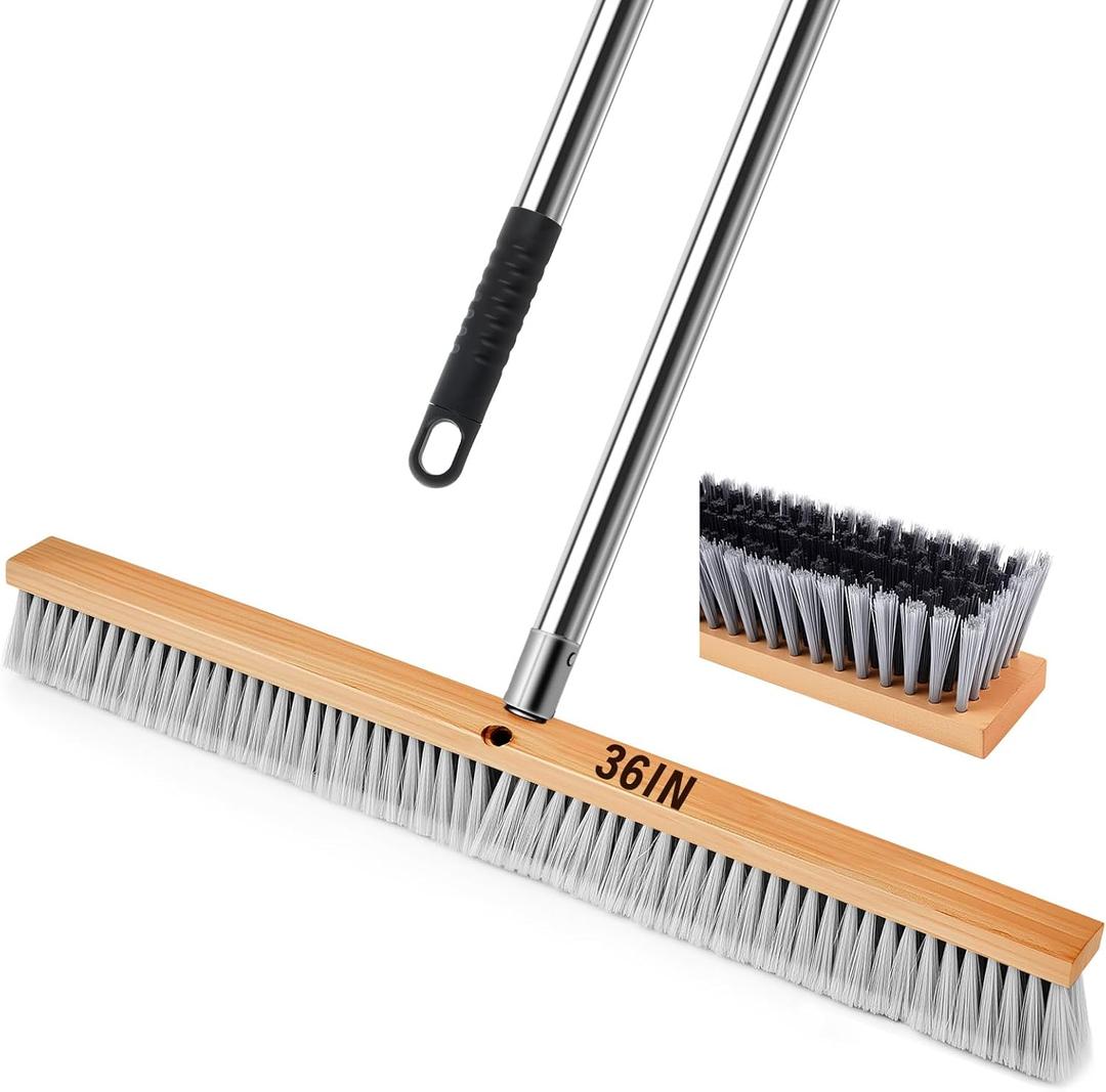 Maxdot 36" Push Broom with Stainless Steel Telescopic Handle, Polypropylene Bristles, Heavy Duty Push Large Broom with Handle for Smooth-Surface Home and Garage Sweeping
