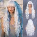 White Wig with Bangs Long Wavy Curly Synthetic Heat-Resistant Wig for Women Natural-Looking for Daily Wear Cosplay and Halloween Party 28-Inch, Includes Lashes and Pink Scrunchies