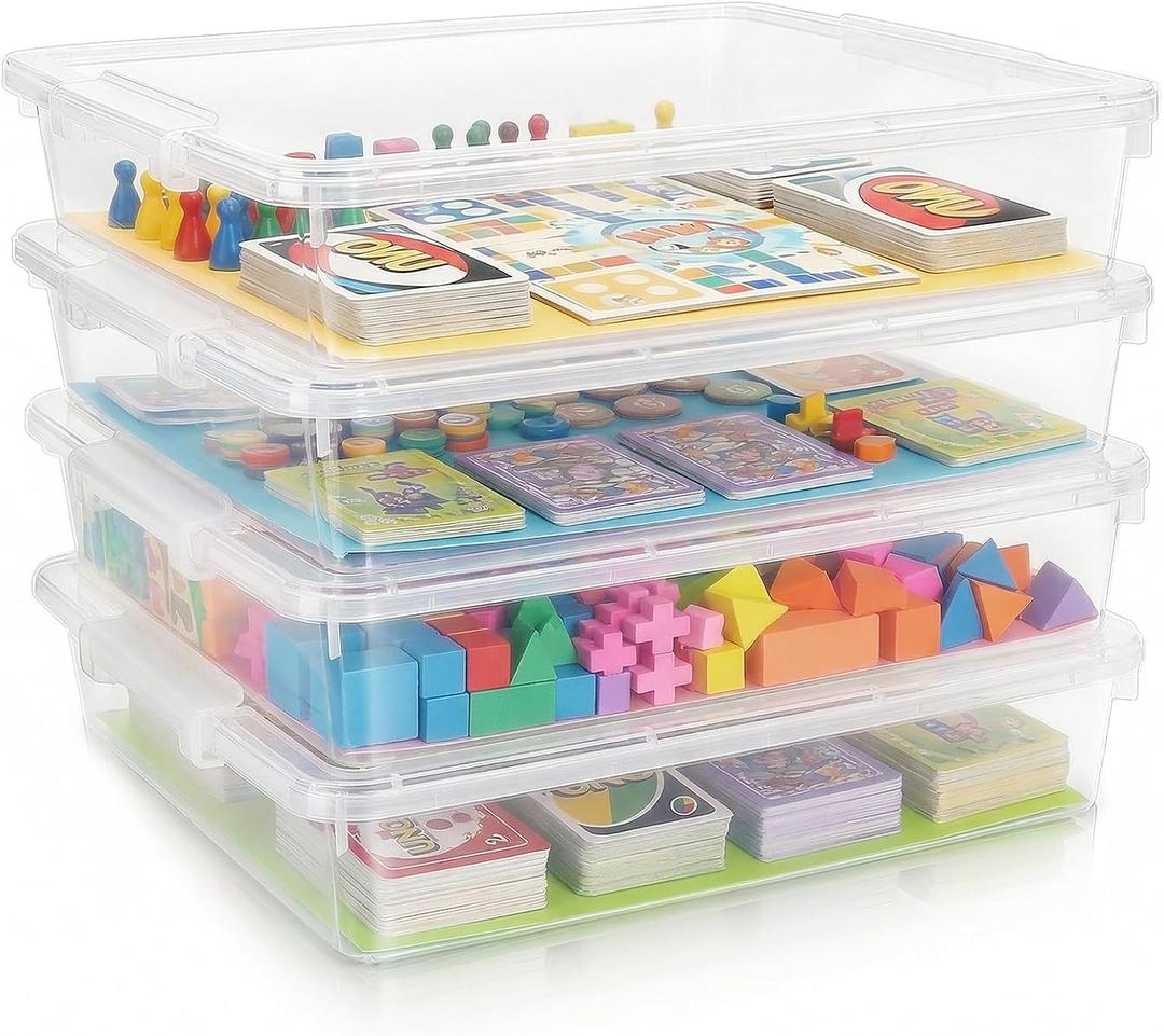 4 Pack Board Game Storage, Extra Large Paper Organizer Storage with Latching Lid (14x13.5x3.15 in), Stackable Art & Craft Storage Box for 12x12 Paper, Board Game, Art Supply, Puzzle, Magazine