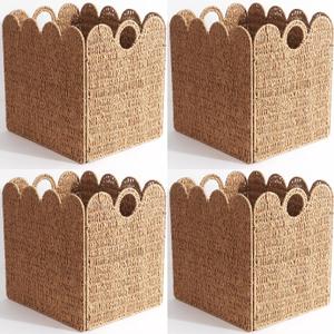 Scalloped Wicker Storage Cubes Basket, 12x12 Heavy Duty Paper rope/Hyacinth/Seagrass Baskets for Shelves, Foldable Natural Boho Square Bins (Renewable Paper Rope, 4PC) (4PCS) Scalloped Wicker Storage Cubes Basket, 12x12 Heavy Duty Paper rope/Hyacinth/Seagrass Baskets for Shelves, Foldable Natural Boho Square Bins (Renewable Paper Rope, 4PC) (4PCS)