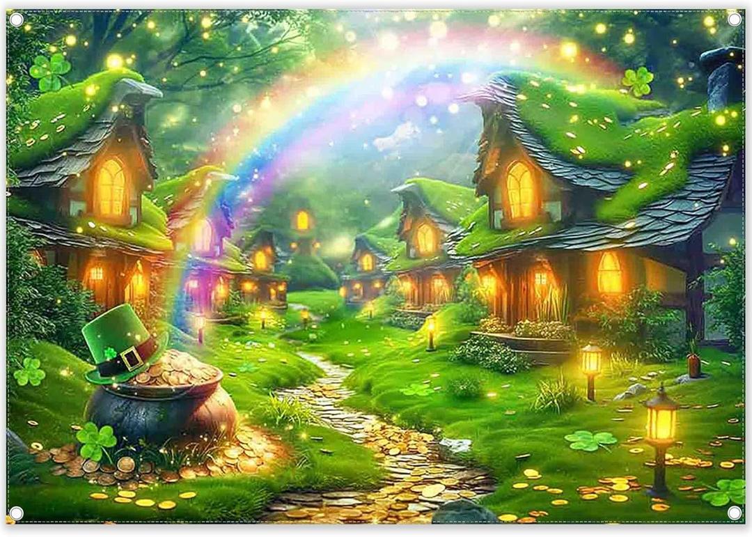 7x5ft Fabric St. Patrick's Day Backdrop Glitter Lucky Irish Shamrock Gold Coins Rainbow Forest House Photography Background Festival Party Decor Photo Props