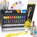 Colorful Acrylic Glass Paint Set with 6 Brushes, 1 Palette, 12 Colors Stain Glass Paints for Wine, Waterproof Acrylic Enamel Paint Kit to Create Translucent Arts on Porcelain, Window & Ceramic (0.4 Fl Oz (Pack of 12))