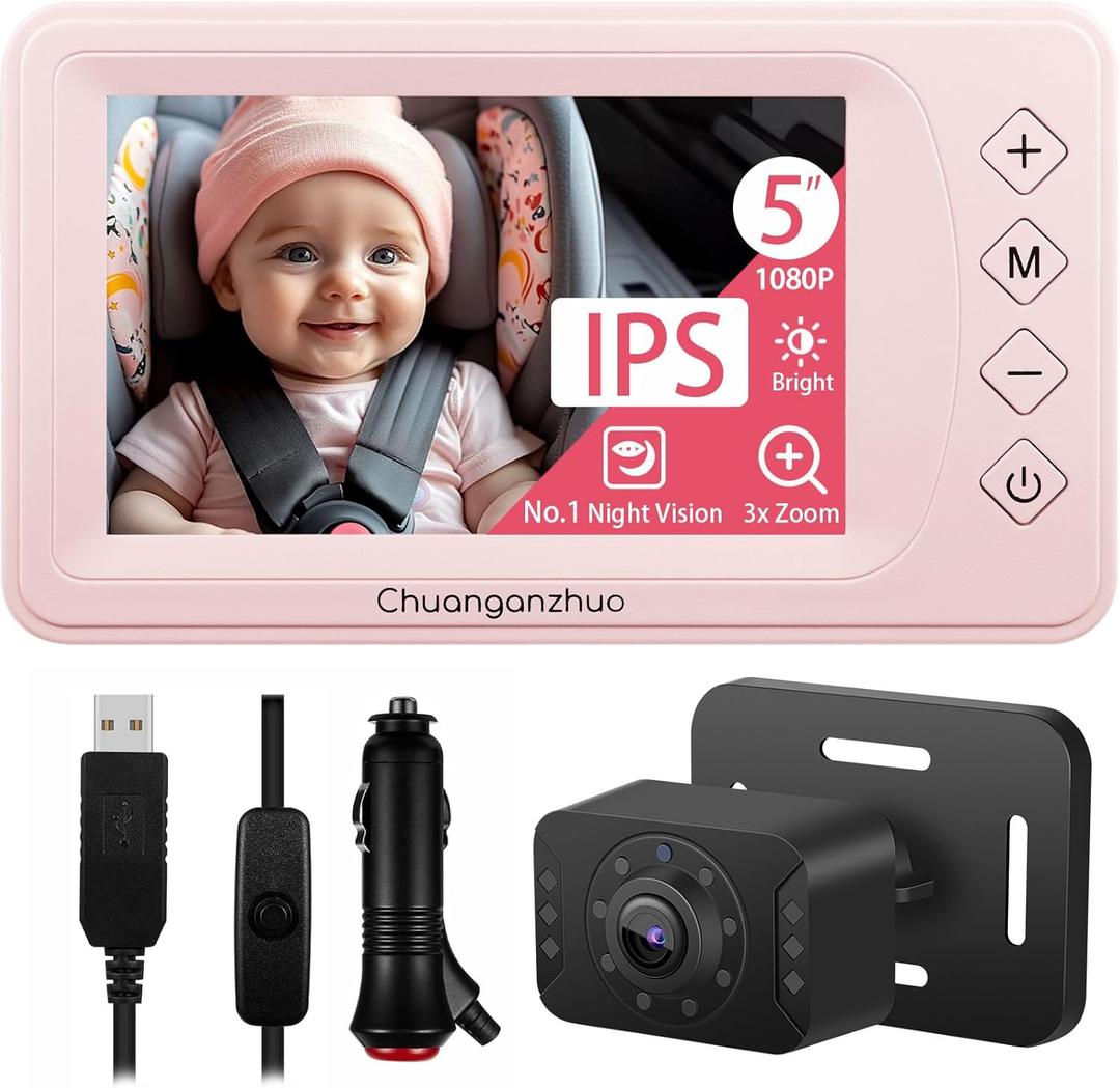 Baby Car Camera with NO.1 Night Vision, 3X Zoom, USB Powered, 5'' HD 1080P IPS Crystal-Clear Car Baby Monitor, Backseat/Carseat Camera for Kids Infants Rear Facing, S100U Light Pink