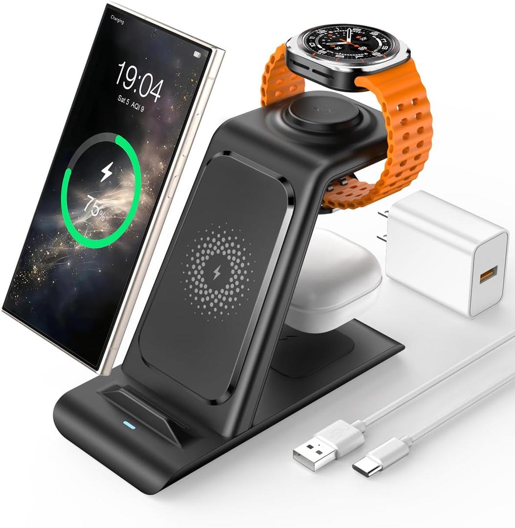 3 in 1 Wireless Charging Station for Samsung Wireless Charger for Galaxy Watch 8/7/6/5/Pro, Galaxy S25/Edge/Ultra/S25+/S24/S23/Note 20/10/Z Flip 7/6 Fold 7/6 Galaxy Buds 3/2/Pro/Live Multiple Devices (Black)