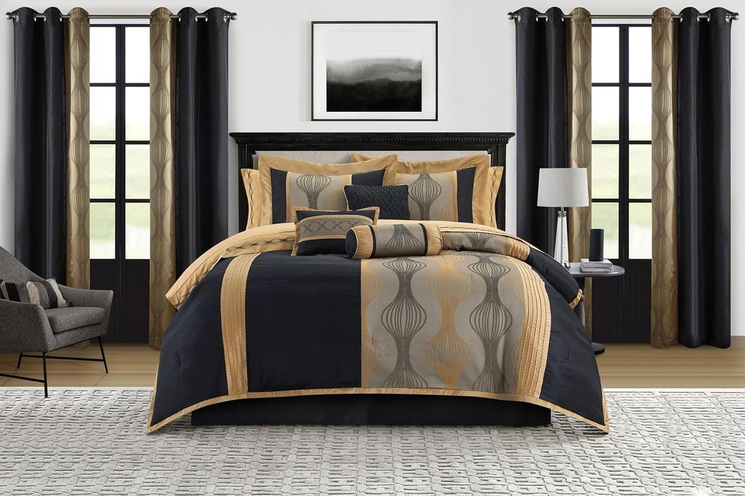 Stratford Park Elegant Black and Gold Comforter Set King Size, Striped,15 Piece Room-in-A-Bag, Jacquard Bedding Set, All Season, Matching Decorative Pillows, Pillow Sham, Curtains, Z-black Gold