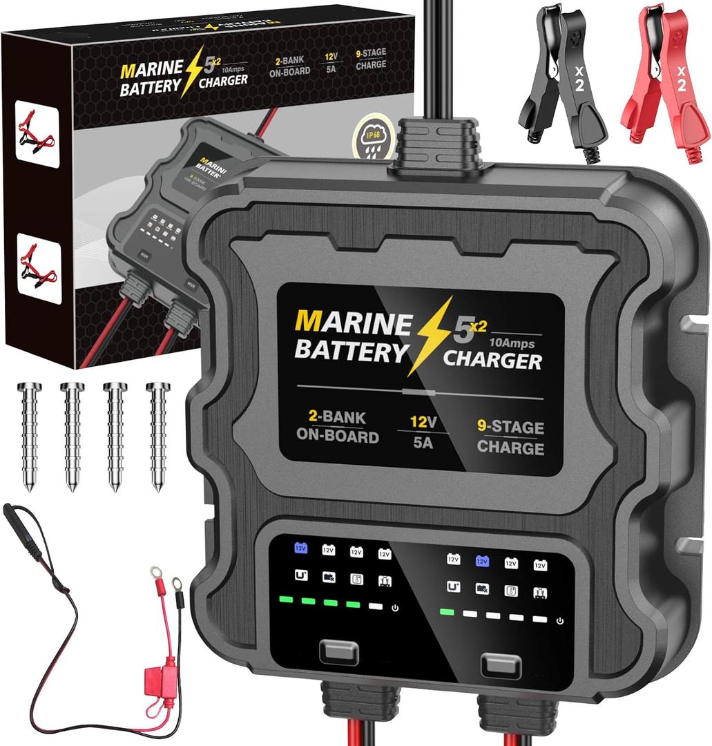 Smart 2 Bank Marine Battery Charger, 10A (5A/Bank), 12V,Waterproof,lifepo4 Lithium Battery Charger Maintainer and Desulfator for AGM, Lithium,Deep-Cycle Batteries Boat Accessories