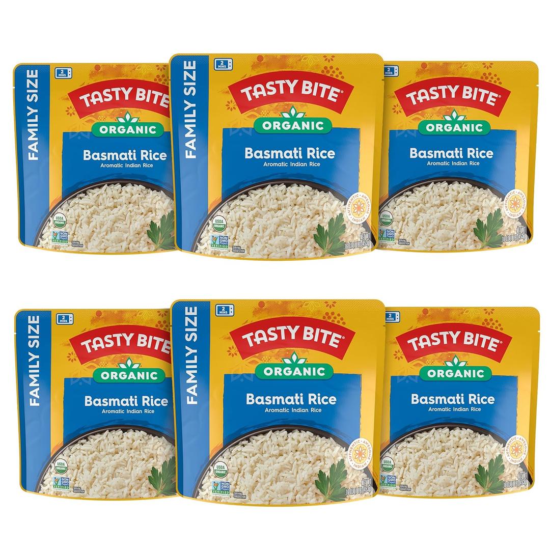 Tasty Bite Organic Basmati Rice, Family Size 16 Ounce, Ready to Eat, Microwavable, Vegan, Gluten-Free (Pack of 6) (EXP 12/31/26)