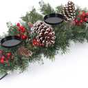 30" Christmas Table Centerpiece with 3 Candle Holders, Artificial Tabletop Xmas Decorations - Red Berries, Pine Cones and Steel Base Included, Christmas Centerpiece for Fireplace