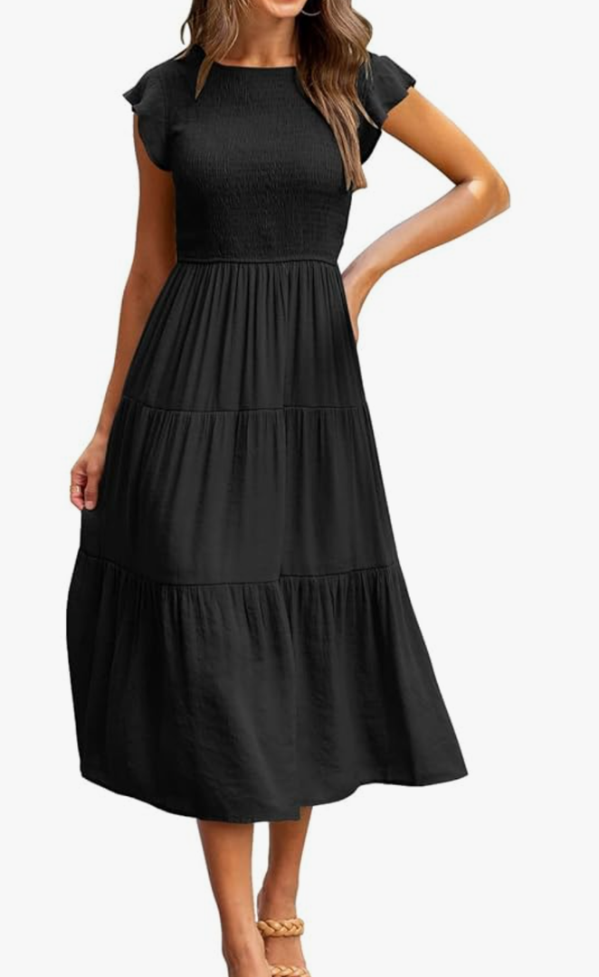 MEROKEETY Women's Flutter Short Sleeve Smocked Midi Dress Summer Casual Tiered A-Line Dress, L
