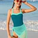 Shallmu Girls One Piece Swimsuits Color Block Dual Crossback Straps with Cover Up Skirt Girl's Swimwear 13-14Y