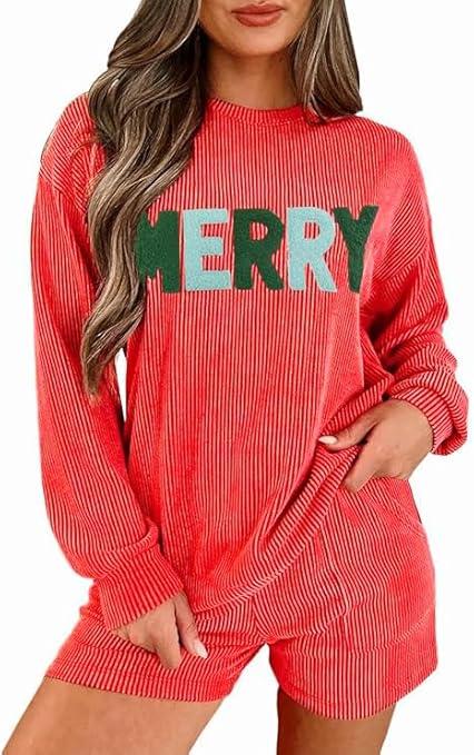 Womens Ribbed Pajama Sets Long Sleeve Top and Shorts, Matching Lounge Set, Loungewear Sweatsuit with Pockets, Color Orange, Size XL