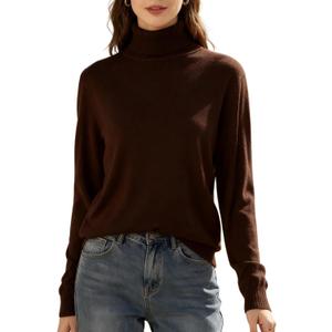 SANGTREE Women's Turtleneck Sweater Long Sleeve Casual Fall Winter Knit Pullover Sweater Top Brown, Large