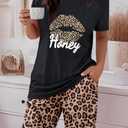 CHICME 2 Pieces Outfit Short Sleeve Top and Elastic Waist Pants Set Casual Leopard Print Pajamas Set-bk-L