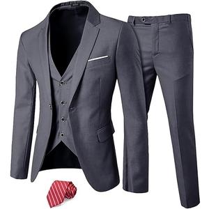 MY'S Men's 3 Piece Slim Fit Suit Set, One Button Solid Jacket Vest Pants with Tie, S