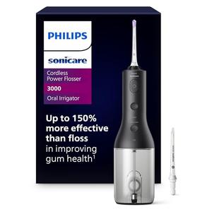 Philips Sonicare Cordless Power Flosser 3000 - Water Flosser with Innovative Quad Stream Technology, Oral Irrigator with 2 Flossing Modes and 3 Pressure Levels, IPX7 Waterproof, Black, HX3826/23