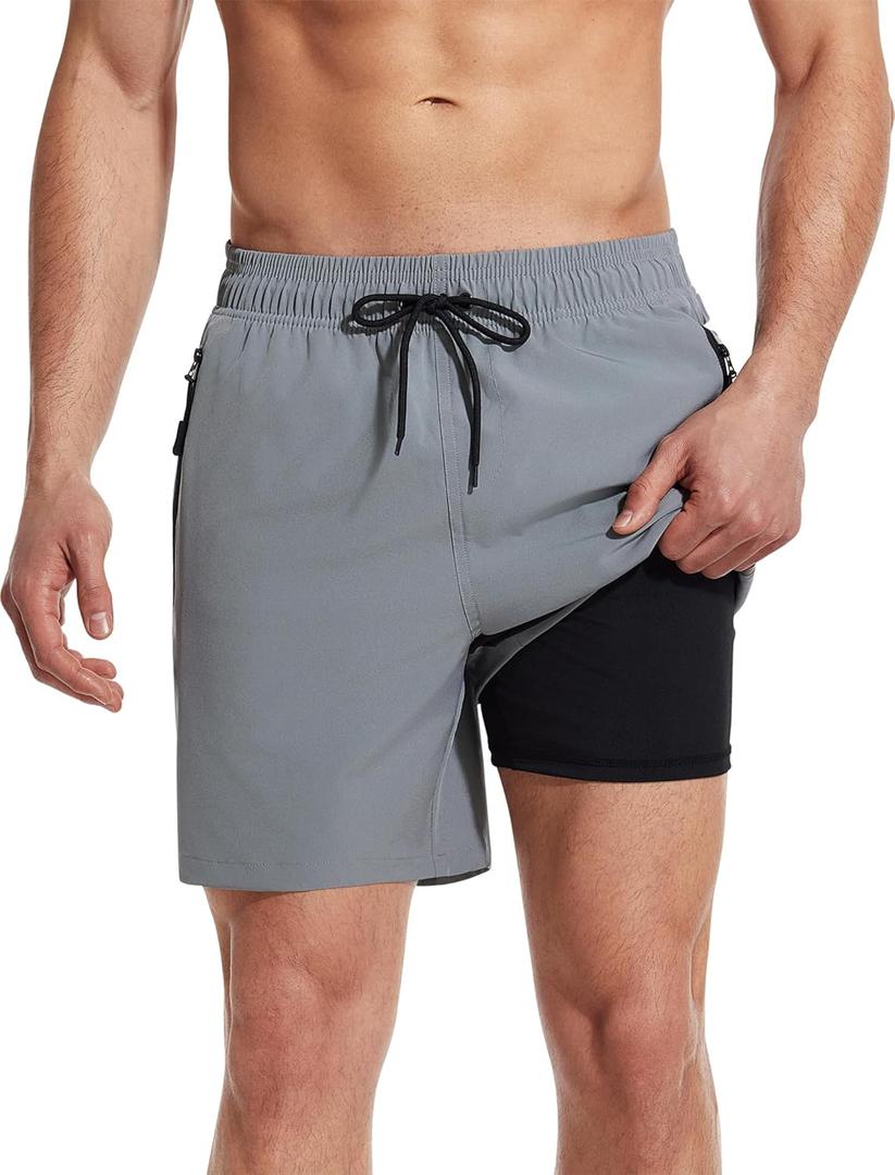 SILKWORLD Mens Swim Trunks with Compression Liner Quick Dry 6 in Bathing Suit Summer Swim Shorts with Zipper Pockets (S)