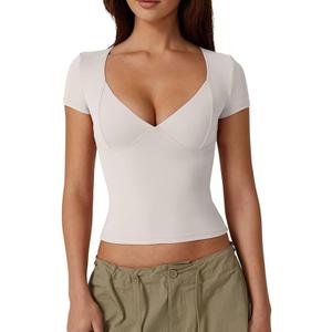 Women Sweetheart Neckline Short Sleeve Crop T Shirts Top Double Lined Tight Tee Shirts Going Out Tops Workout Outfit (A White, L), Large