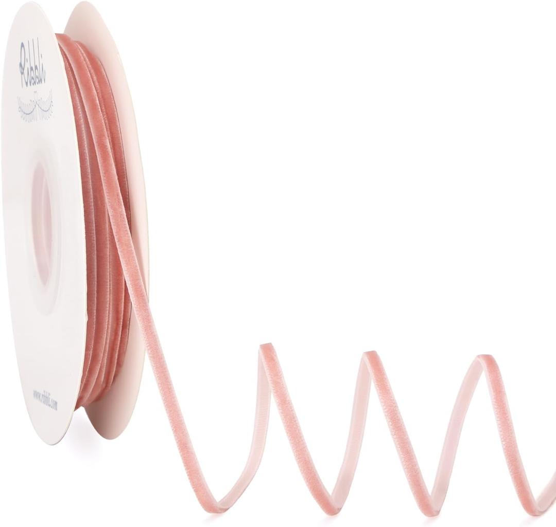 Ribbli Rose Gold Velvet Ribbon 1/8 Inches Continuous 25 Yard Spool Dusty Pink Christmas Ribbon for Gift Wrapping Crafts Home Decor,  Dusty Pink