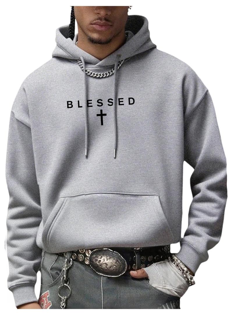RoseSeek Men's Letter Graphic Hoodies Long Sleeve Drawstring Pullover Sweatshirts Fall Clothes Grey Large