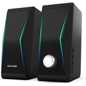 Nylavee Computer Speakers, Bluetooth 5.0 Hi-Fi Stereo PC Speakers, 4 Dynamic Lighting Modes, AC Adapter Powered and 3.5mm AUX-in Computer Speakers for Desktop PC, Monitor, Laptop, Tablet, Phone