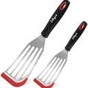 2 Pack Fish Spatula Set with Silicone Edge - Stainless Steel Fish Turner for Nonstick Cookware, Heat Resistant Flexible Kitchen Flipper for Eggs, Filets & Pancakes (Black & Red)