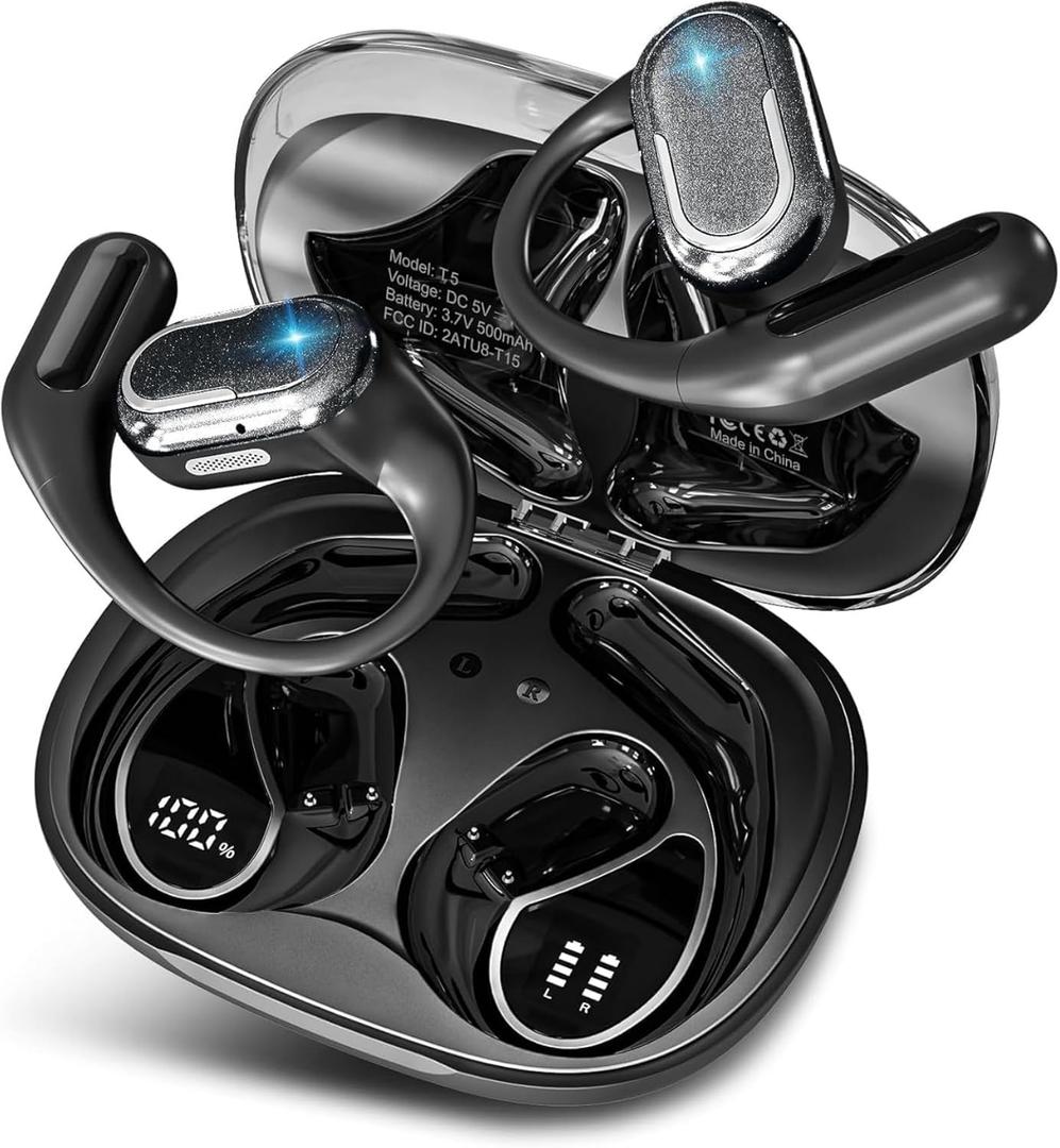 Bluetooth 5.4 Headphones with LED Display, Open Ear Earbuds, ENC Noise Cancelling, IPX5 Waterproof, 46Hrs Playtime, Ergonomic Earhook Design for Running, Workout, Sports (Black)