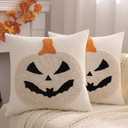 Tosleo Halloween Throw Pillow Covers 18x18 Set of 2 Beige Smiley Face Pumpkin Embroidery Pillow Cases Thanksgiving Home Party Fall Decor Bat Pillowcases Cushion Covers for Sofa Bed Couch