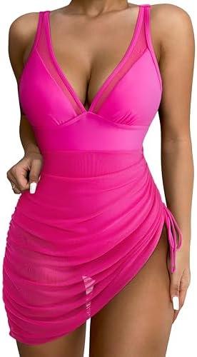 SUUKSESS Women Mesh One Piece Swim Dress Swimsuit Tummy Control Bathing Suit, Large