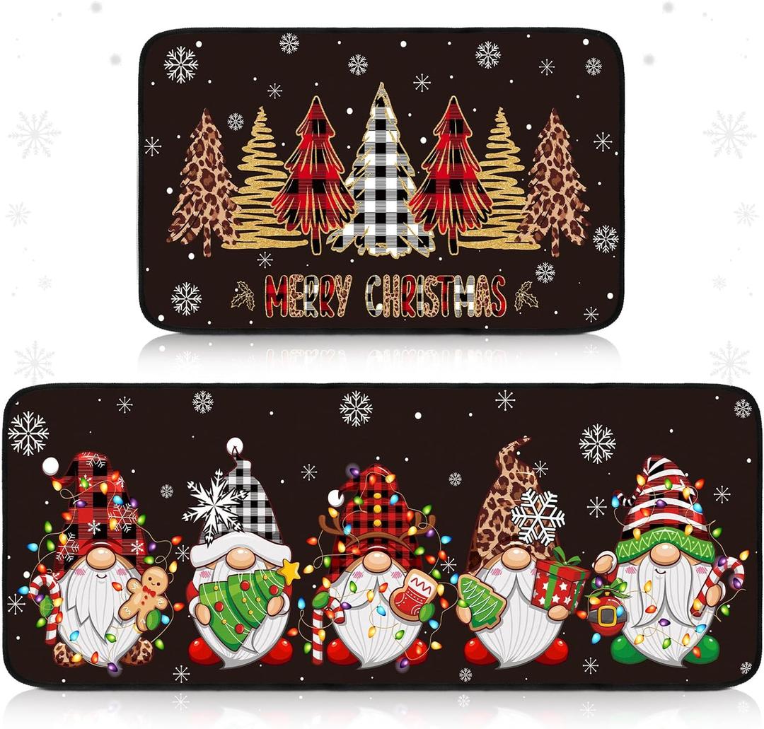 Christmas Kitchen Rugs Sets of 2 Santa Claus Snow Gnome Non Slip Floor Mat Low Profile Plaid Winter Decorative Christmas Rug for Indoor Home Decorations, 17x29 and 17x47 Inch (Tree)