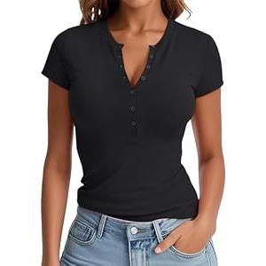 Prettywear Womens 2025 Summer Casual Basic Tops Short Sleeve V Neck Fitted Button Up Henley Shirts Black M