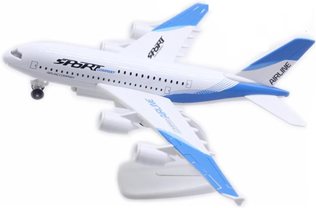 Diecast Airplane Toy, Kids A380 Airlines Plane Model Jet Alloy Metal Aircraft Pull Back Plane Toys with Lights and Sounds for Boys 3-7 8 Years Old (Include Holder), Blue