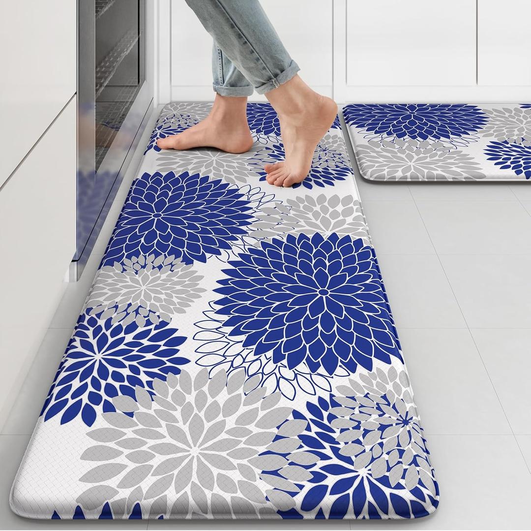Collive Anti Fatigue Kitchen Mats 2PCS,Boho Kitchen Rugs Non Slip Rubber Backing, Farmhouse Waterproof Kitchen Mat for Floor,Cushioned Standing Mat for Kitchen,Laundry,Sink,Desk,Blue (17.3" x 47 "+ 17.3" x 29 "--0.47 inches)