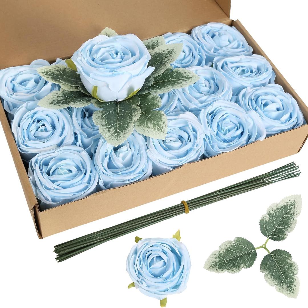 Artificial Roses,16PCS Light Blue Roses 2.76" Austin Silk Roses Artificial Flowers Bulk for Wedding Bouquets Party Home Decor(Light Blue)