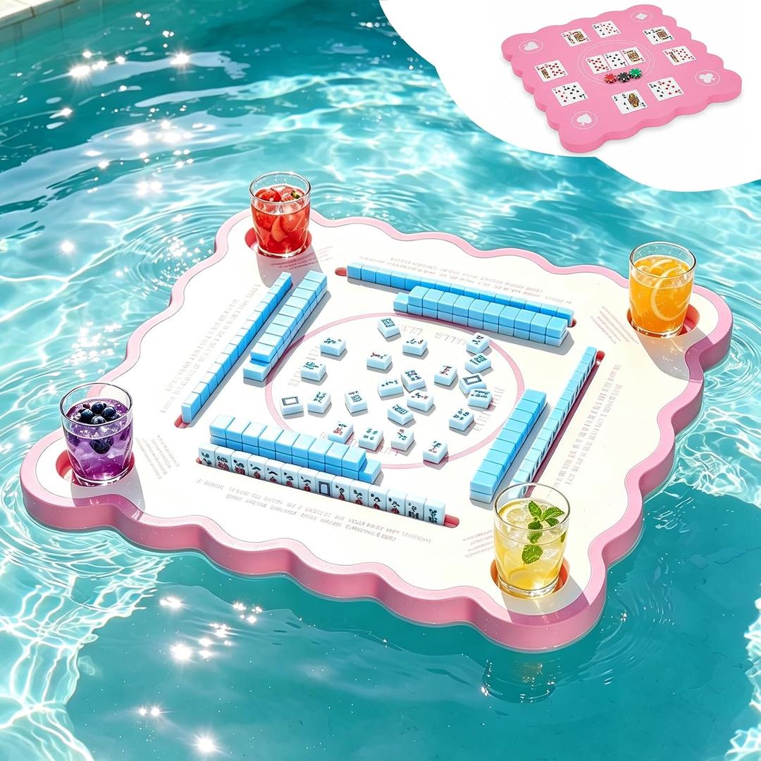 Floating Mahjong Table for Pool, Double Sided Float Game Tray with Rules, Large