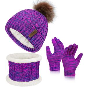 Senker Fashion Winter Kids Hat and Gloves Set for Boys Girls Toddler Pompom Knit Thick Warm Fleece Lined Cold weather (Pink Purple)