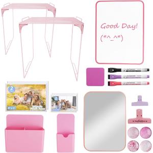 20 PCS Locker Accessories with 2 Locker Shelf, Pink Locker Decoration for Girls, Back to School Essentials Magnetic Locker Organizer, Mirror, Whiteboard, Pen Holder, Magnetic Picture Frame and Magnets, Small